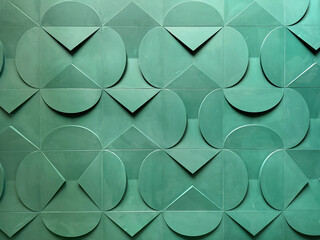 Close up of 3D carved floral geometric tiles in green color. Modern geometrical tiles in round, square, and triangular shapes forming paper flower and clover. Seamless background texture.
