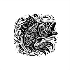 Ornate Black and White Fish Illustration.