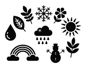 Nature and weather element silhouettes including sun, cloud, leaf, snowflake, and rainbow icons, ideal for design and educational projects
