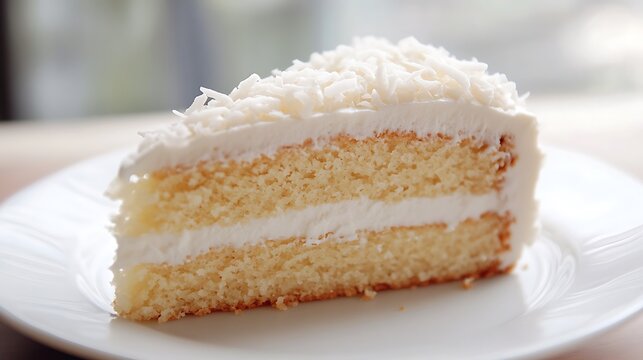 Slice of Coconut Layer Cake with Creamy Frosting on a White Plate