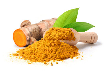 Turmeric powder with fresh rhizome isolated on white background.