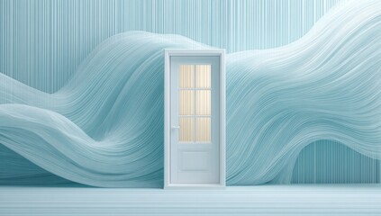 Light pastel blue room with flowing drapery and a white door.