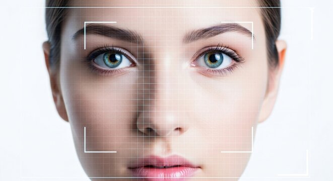 Woman with futuristic digital interface on her face. Concept of artificial intelligence, facial recognition, and augmented reality.