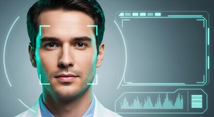 Man with glowing digital interface over his face, concept of future technology and artificial intelligence. Biometric security scan.