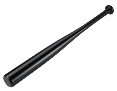 Black Metal Baseball Bat with Rubber Grip, Angled Side View, Transparent Background