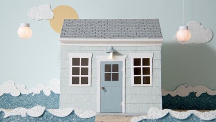 Light-blue house with a simple design, against a pale background, with waves and clouds.