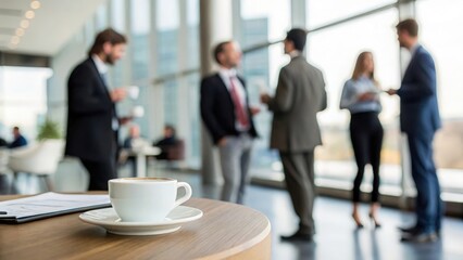 Business Workshop Coffee Break Scene — Colleagues chatting in background blur
