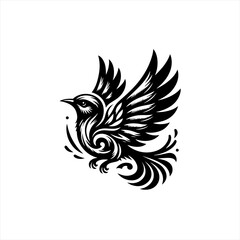Obraz premium Stylized Black Bird with Ornate Wings in Flight.