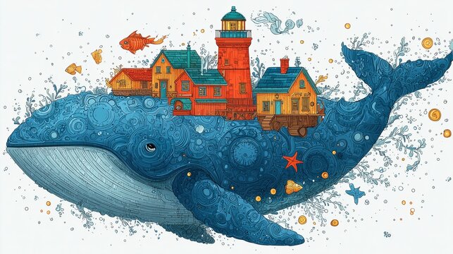 A blue whale swimming among bubbles and fish with yellow and orange houses on the back as a concept of home 