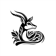 Stylized Black Gazelle Silhouette with Ornate Swirls.