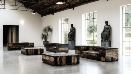 Reclaimed wood furniture arrangement in a spacious gallery.