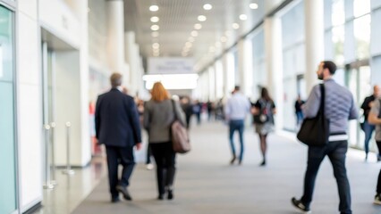 Blurred Networking Corridor Moment — Attendees walking and mingling in motion-blurred hallway
