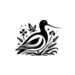 Stylized Black Silhouette of a Bird with Butterfly and Flowers.