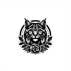 Fototapeta premium Stylized Bobcat Head with Rose and Laurel Wreath.