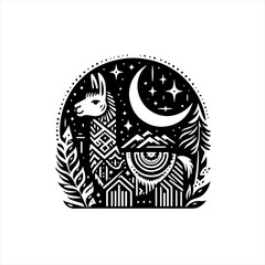 Stylized Llama Under a Crescent Moon and Stars.