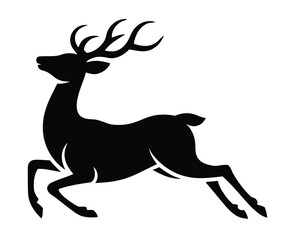 Leaping deer silhouette icon in black featuring dynamic full-body pose with extended legs and curved antlers for motion, wildlife, and forest themes