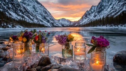 Winter floral display on ice-covered lake shore at sunset.