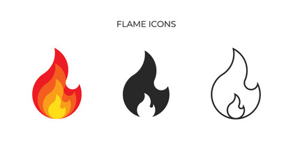 Vibrant to minimalist fire icons: A set of three flame designs, including a colorful gradient, a solid black silhouette, and a thin outline.