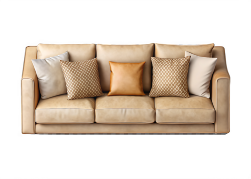   top view of big sofa with pillows isolated on white background PNG, AI GENERATED