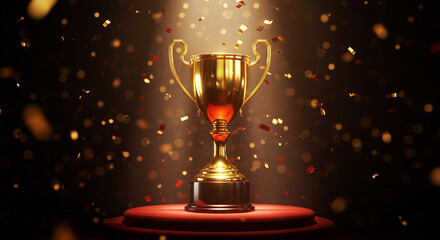 Golden Trophy on Winner's Podium with Confetti;  Achievement, Success, Celebration Concept. Trophy of Triumph on Velvet Stage. Glowing Gold Trophy on Velvet Podium with confetti Dramatic Spotlight.