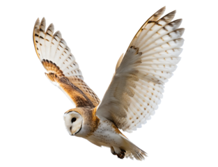 Realistic owl flying side profile wings mid flap isolated on transparent background