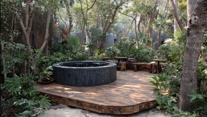 Dark hot tub surrounded by lush tropical greenery on a wooden deck.