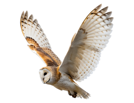 Realistic owl flying side profile wings mid flap isolated on transparent background
