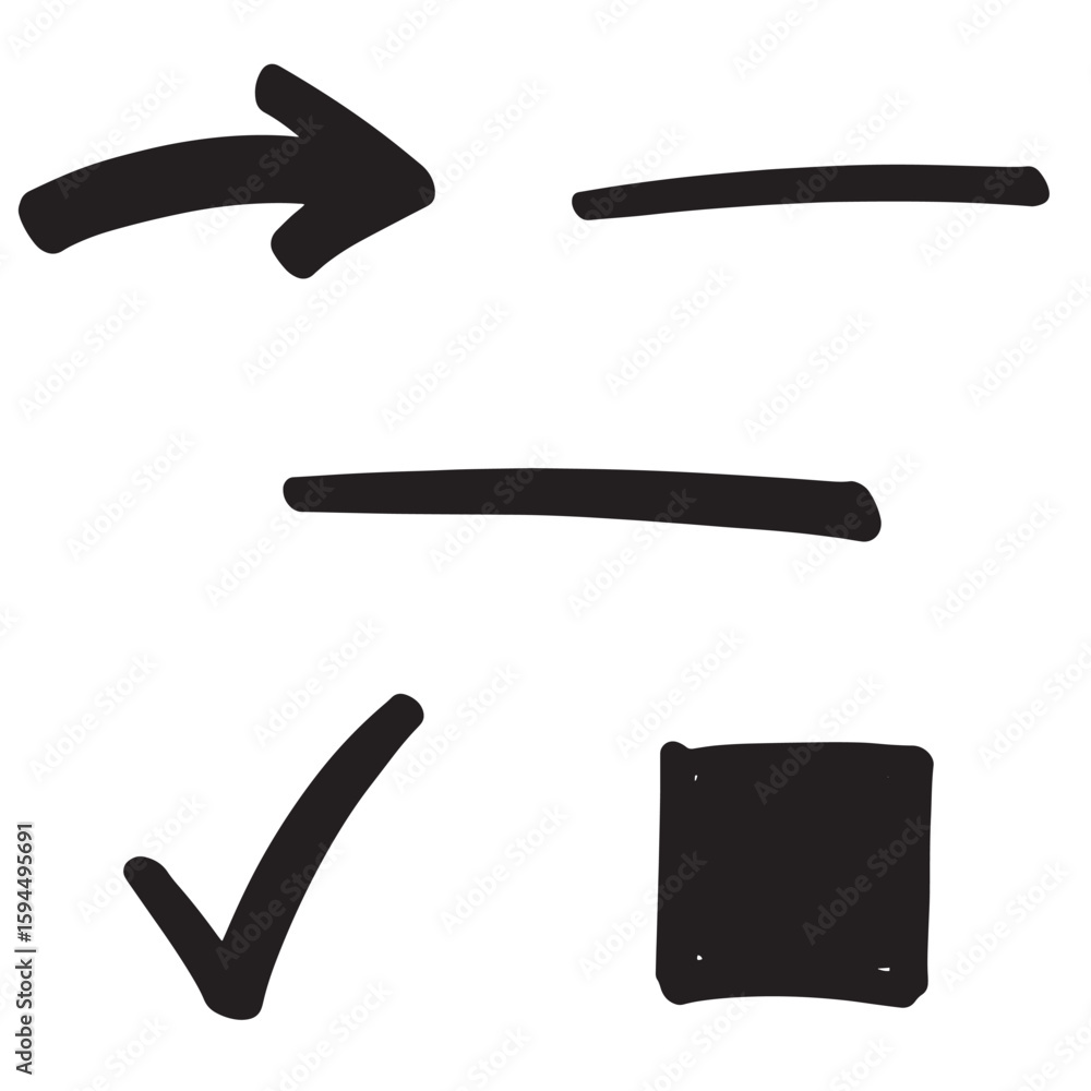 Poster hand drawn arrow checklist square and line elements on a white background vector set