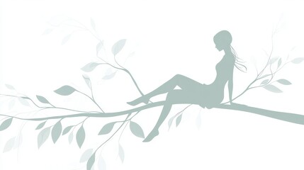 120.A calming, simple linear illustration of a woman sitting on a tree branch, gently swaying with the breeze. The design uses minimalistic lines, creating a peaceful, daydreaming atmosphere with the