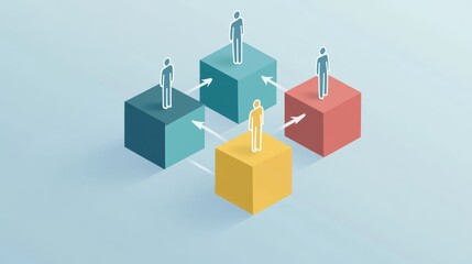 81.A clean, modern vector design with four 3D cubes connected in a linear sequence, each one featuring a simple human figure icon. The steps are linked with arrows, and the overall design emphasizes