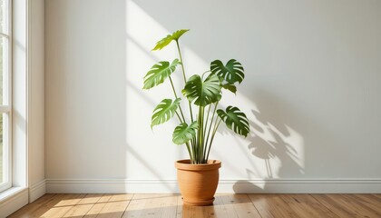 Fototapeta premium Indoor monstera plant in clay pot with sunlight and soft shadow against clean white wall