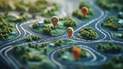 60.A creative journey map featuring a detailed road with multiple curves and intersections. Prominent location markers and a clear path through diverse landscapes create a sense of adventure and