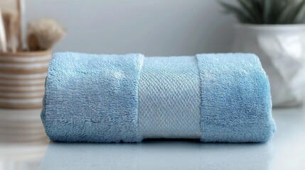 A soft blue hand towel with delicate folds, placed on a white surface. The towel is made of terrycloth, with its fibers adding texture, and its blue color gives it a calm, serene feel.