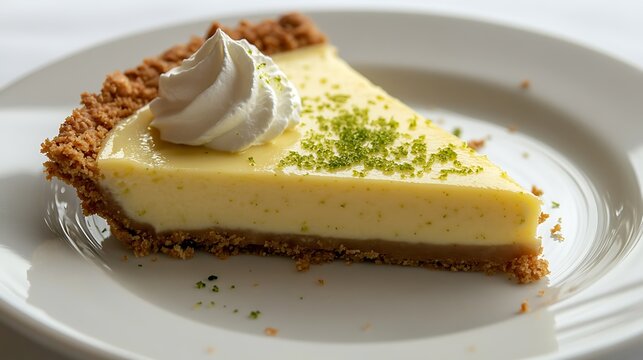 Slice of Key Lime Pie with Whipped Cream and Lime Zest on a White Plate