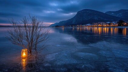 Frozen lake at dusk with a warm candlelight.