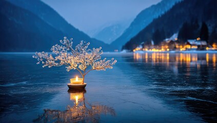 A miniature ice-covered tree with a candle sits on a frozen lake at dusk.