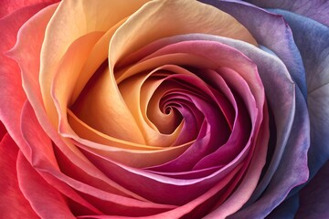 Close up macro view of a vibrant rainbow rose with swirling petals displaying a spectrum of colors