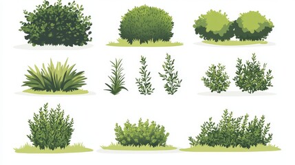 Fototapeta premium 104.A set of vector illustrations depicting various stylized bushes and shrubs in flat green tones, arranged neatly on a white background. The design is simple, modern, and eco-friendly, with a focus