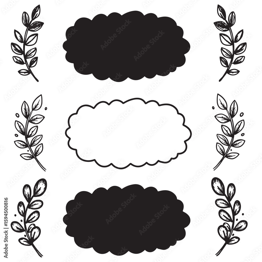 Poster hand drawn botanical design elements with decorative leaves and cloud like blank spaces.