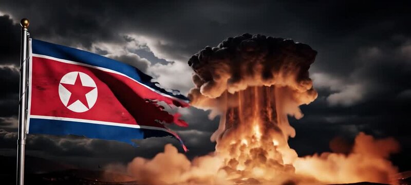 Tattered North Korean flag with nuclear explosion mushroom cloud