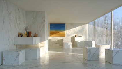 A spacious, minimalist interior design featuring white marble.