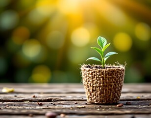 Vibrant Green Sapling Rustic Burlap Pot