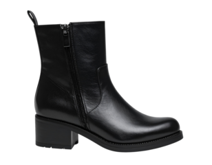 Single Black Leather Boot with Zipper and Buckle Details, isolated on transparent background PNG