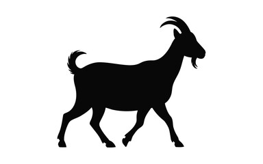 Walking goat silhouette icon in black featuring curved horns, beard, and curled tail for livestock illustration and agricultural branding themes