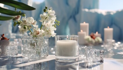 White orchids in a crystal vase with ice cubes and candles.