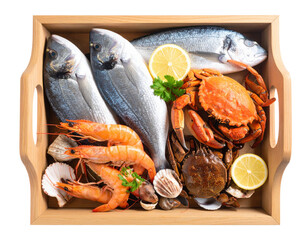 Fresh seafood platter in wooden tray with whole fish, crab, shrimp, scallops, lemon slices and parsley garnish