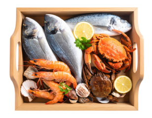 Fresh seafood platter in wooden tray with whole fish, crab, shrimp, scallops, lemon slices and parsley garnish