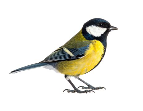 Colorful small songbird with blue head, yellow breast, and white cheeks perched on transparent background