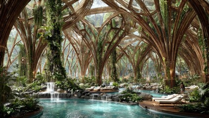 Lush, indoor spa complex with a natural, botanical design.