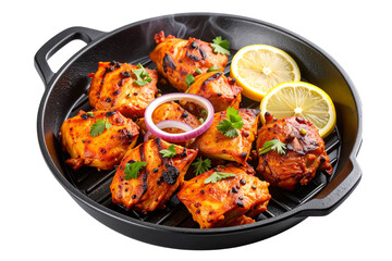Fototapeta premium Sizzling Chicken Tikka on Iron Skillet with Smoke, Isolated on Transparent Background